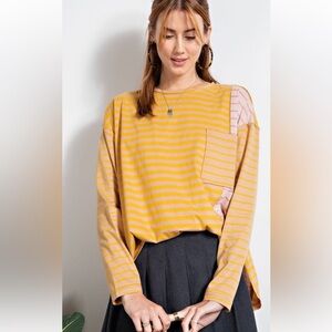 EASEL Yellow Color Block Striped Boxy Top